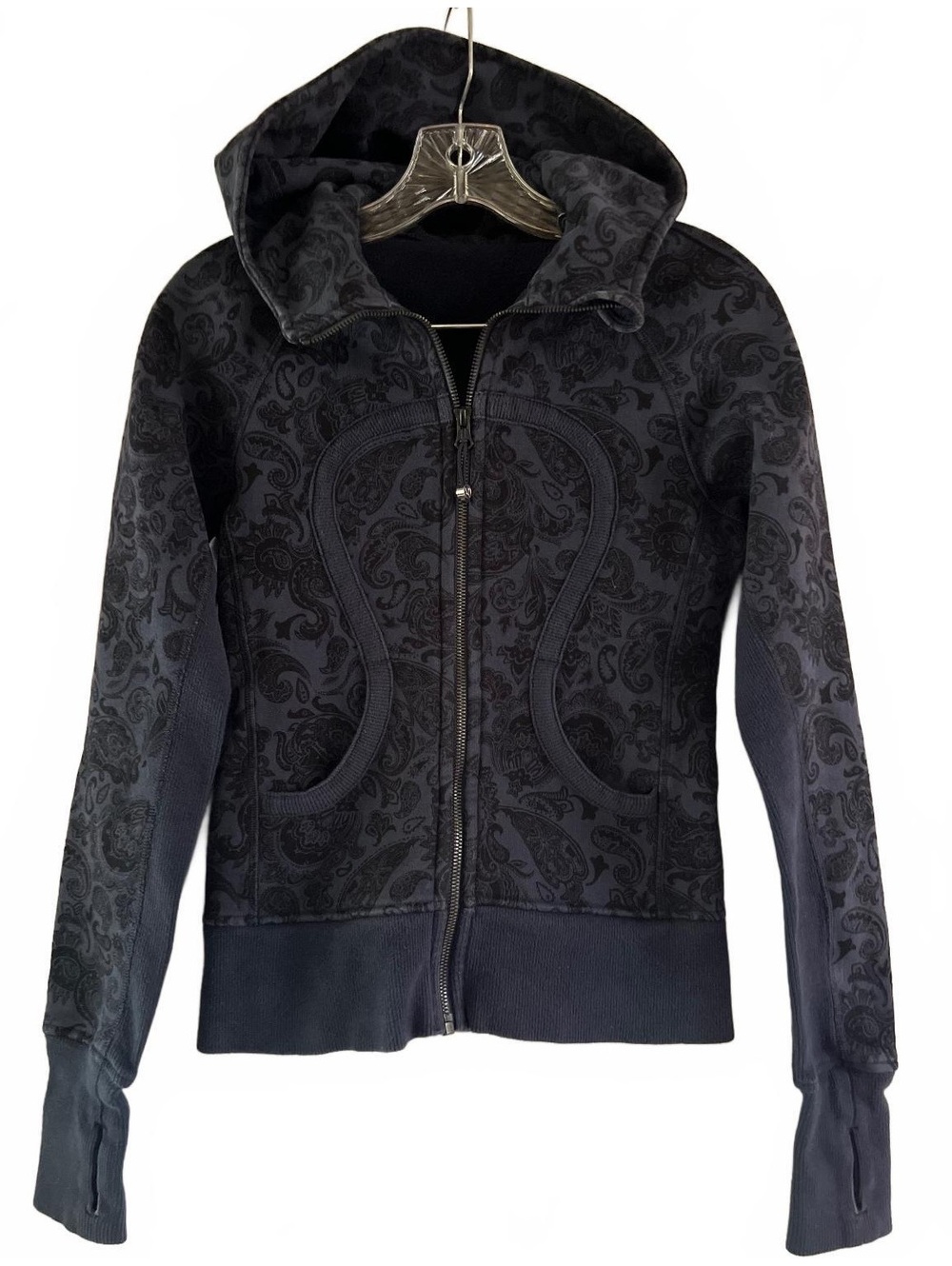 Lululemon Black Paisley Patterned Zip-Up Hoodie with Green Logo